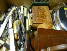 Mixed box of loose cutlery, EP ware and treen boxes etc