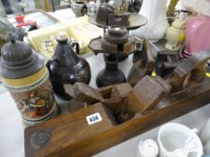 Mixed metalware including weights, scales, wooden plane, stein etc