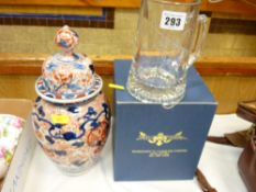 Boxed aviation glass tankard and a vintage Imari decorated jar and cover