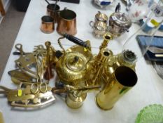 Vintage brass oil lamp font and glass funnel and antique and later polished brassware