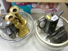 EP ware - two metal rimmed glass bowls and a pair of brass candlesticks