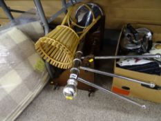 Chrome towel stand, wicker planter stand and a reproduction mahogany corner stand