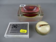 Stylish cranberry and clear glass desk weight with two others