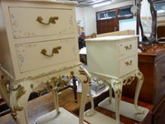 Pair of French style bedside cabinets with shaped metal bases and a dark wood framed toilet mirror