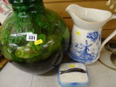 Green glass carboy, blue and white water jug and a Victoria china lidded sardine dish