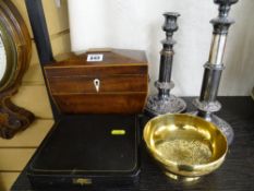 Regency mahogany tea caddy, cased set of pastry forks, pair of adjustable EP candlesticks and a