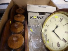 Vintage style wooden storage rack with glass jars and covers, mahogany and brass framed wall clock