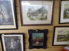 Small acrylic still life study of a vase of flowers and a vintage print of Conwy Castle