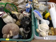 Two tubs of garden ornaments etc