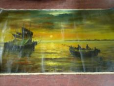 Unframed oil on canvas - sunset harbour scene with boats