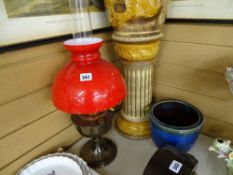 Vintage style oil lamp, pottery jardiniere and stand and a Bourne Denby pottery planter