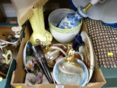 Mixed box of pottery and glassware including two decorative table lamps