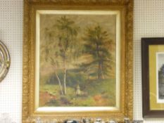 E W BEARD oil on canvas - figures in a meadow with sheep