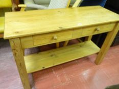 Pine two shelf console table with two drawers