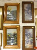 Pair of Victorian acrylic studies of waterfalls and an oak framed pair of prints - young farm