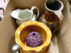 Large slipware decorated jug, floral decorated example, two decorative jardinieres etc