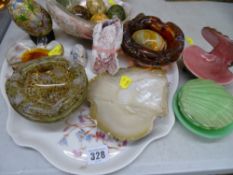 Collection of art glass, marble eggs and seashells etc