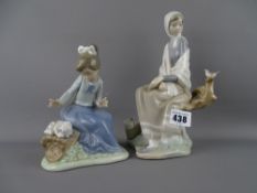 Lladro figurine of a young woman in a shawl and a Nao figurine of a young girl with puppy