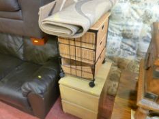 Small two drawer bedside cabinet, a metal framed three basket chest and a small geometric pattern