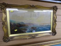 Gilt framed oil - rocky coastal scene with boats, indistinctly signed