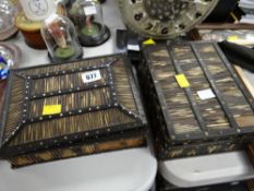 Two porcupine quill boxes together with an unusual Art Deco-style glass & painted mantel clock