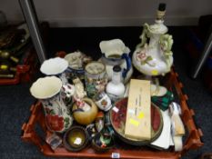 Crate of various household china including Portmeirion bottle, place mats, Capodimonte-style lamp