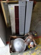 A box of tools including two paraffin lamps, light shade & golf balls etc