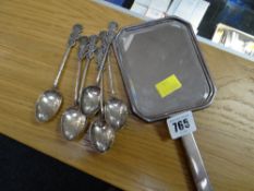 Hallmarked silver dressing table mirror & six sterling silver Chinese decorated handle teaspoons
