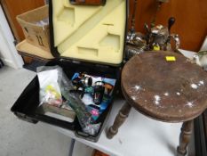 Small parcel of fishing equipment including two reels & a small stool etc