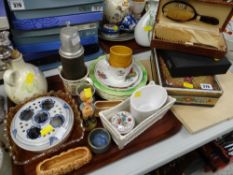 A tray of various china, vintage brush set etc