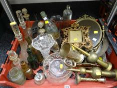 A crate of various metalware including decorated brass, decanters, bottles etc
