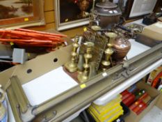 Parcel of metalware including brass candlesticks, fender, copper spirit kettle etc