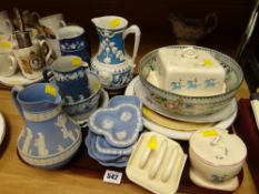Tray of various china including Wedgwood blue & white Jasperware jug, small dishes, two items of