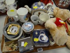 A tray of various Royal commemorative items including a teapot, teddy bear, mugs etc