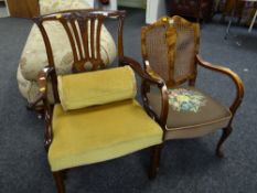 An Edwardian cane back & upholstered seated armchair together with a reproduction wide scroll arm