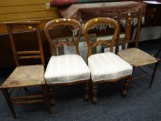 Two oak & rush seated kitchen chairs together with a pair of balloon back & upholstered dining