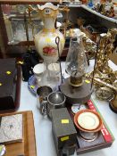 A mixed parcel including binoculars, commemorative china, pewter tankards etc