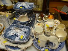 Collection of vintage F Douglas & Son's Burslem blue & white dinnerware, Willow patterned platter,