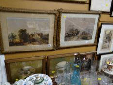 Two framed watercolours of river & lake land scenes, two framed prints & small oil on board