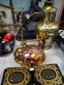 Parcel of metalware including brass & ebonized book slide, copper kettle, brass jug etc
