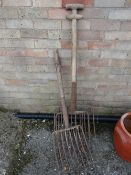 Three vintage dung forks (outside)