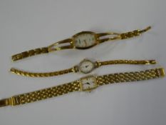 Three yellow metal ladies wristwatches