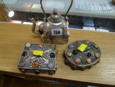 Two believed Indian silver wire & semi precious stone decorated boxes together with a Chinese