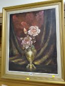 Gilt framed oil on board of still life roses in a vase, signed RALPH DYKMAN