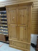 Pine two-door wardrobe with single-drawer base, 197 x 103 x 59cms