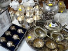 A parcel of various EPNS including spirit kettle, galleried tray, three-piece teaset etc
