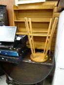 A vintage oak drop leaf dining table, pine stool & bookcase