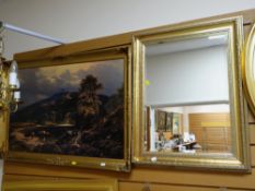 A modern gilt framed bevelled wall mirror together with a gilt framed print of cattle watering