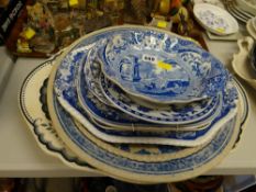 Large blue & white meat plate, blue & white chargers etc
