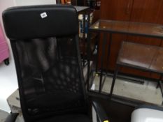 A black office chair, parcel of metal & glass topped tables, small filing cabinet & a tall mirror